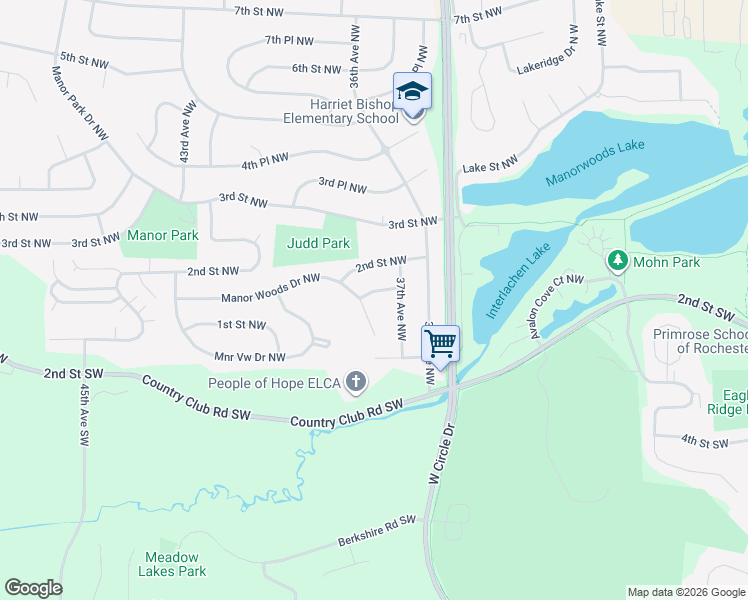 map of restaurants, bars, coffee shops, grocery stores, and more near 3764 Manor Woods Drive Northwest in Rochester