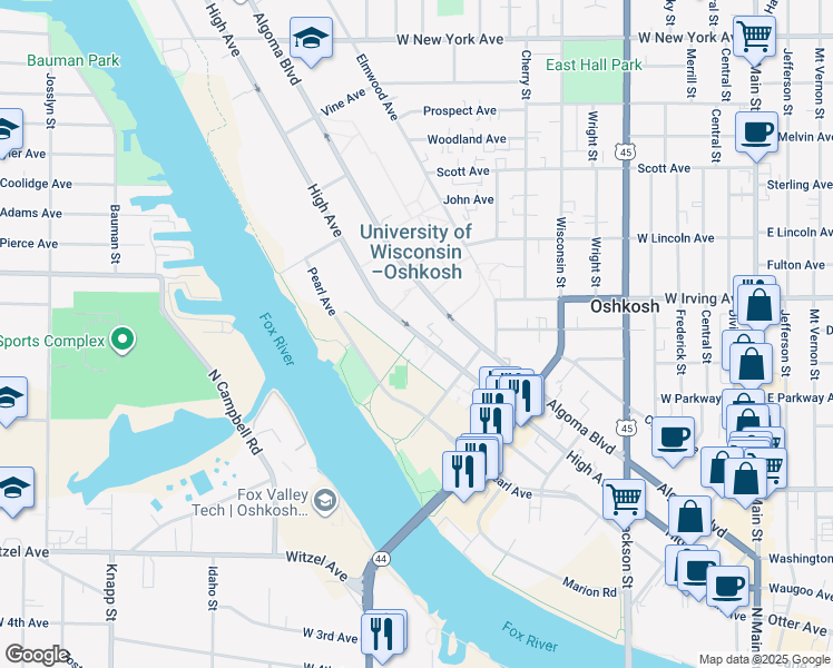 map of restaurants, bars, coffee shops, grocery stores, and more near High Avenue in Oshkosh