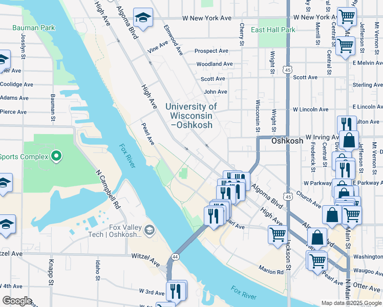 map of restaurants, bars, coffee shops, grocery stores, and more near High Avenue in Oshkosh