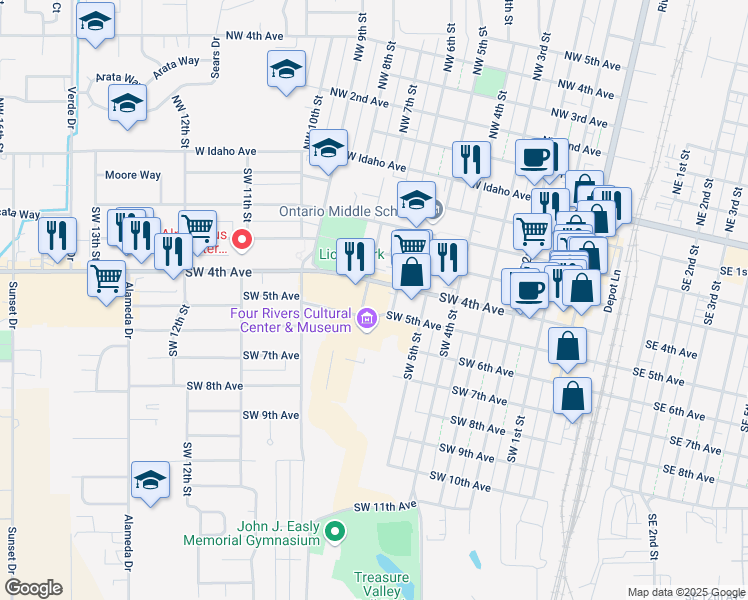 map of restaurants, bars, coffee shops, grocery stores, and more near 430 Southwest 7th Street in Ontario
