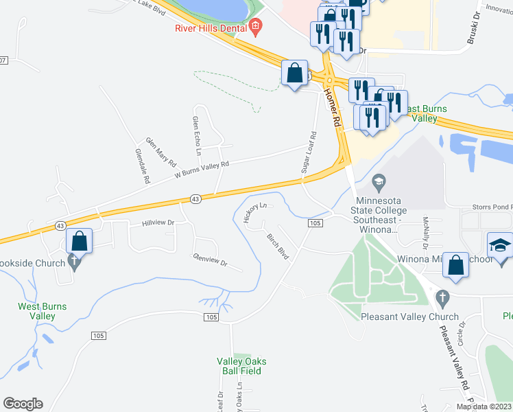 map of restaurants, bars, coffee shops, grocery stores, and more near 880 Hickory Lane in Winona