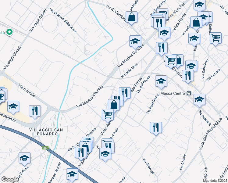 map of restaurants, bars, coffee shops, grocery stores, and more near 4-10 Via San Giuseppe Vecchio in Massa