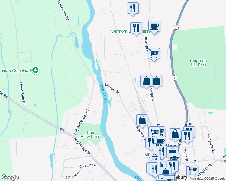 map of restaurants, bars, coffee shops, grocery stores, and more near 101 A Seymour Street in Middlebury