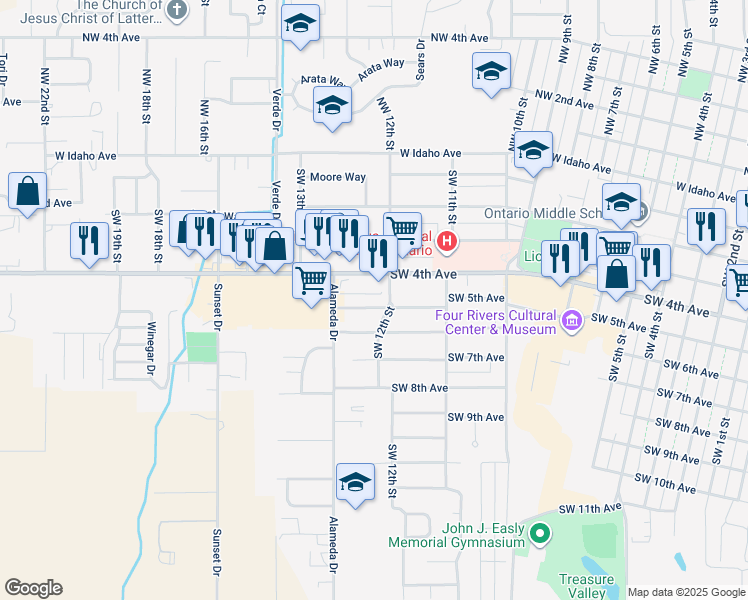 map of restaurants, bars, coffee shops, grocery stores, and more near 1252 Southwest 5th Avenue in Ontario