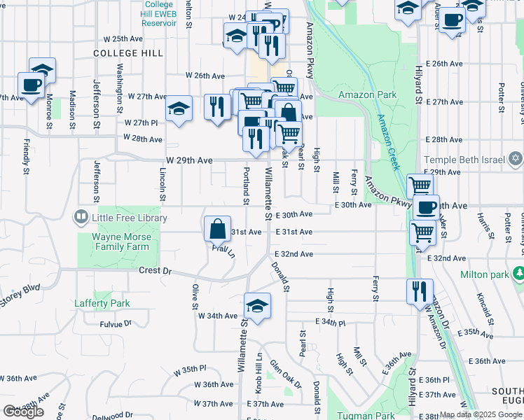 map of restaurants, bars, coffee shops, grocery stores, and more near 3030 Willamette Street in Eugene