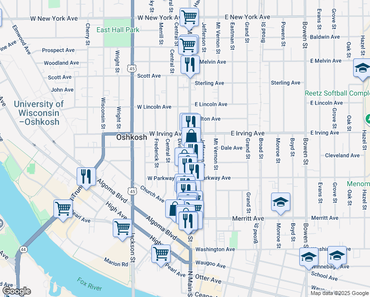 map of restaurants, bars, coffee shops, grocery stores, and more near 630 North Main Street in Oshkosh