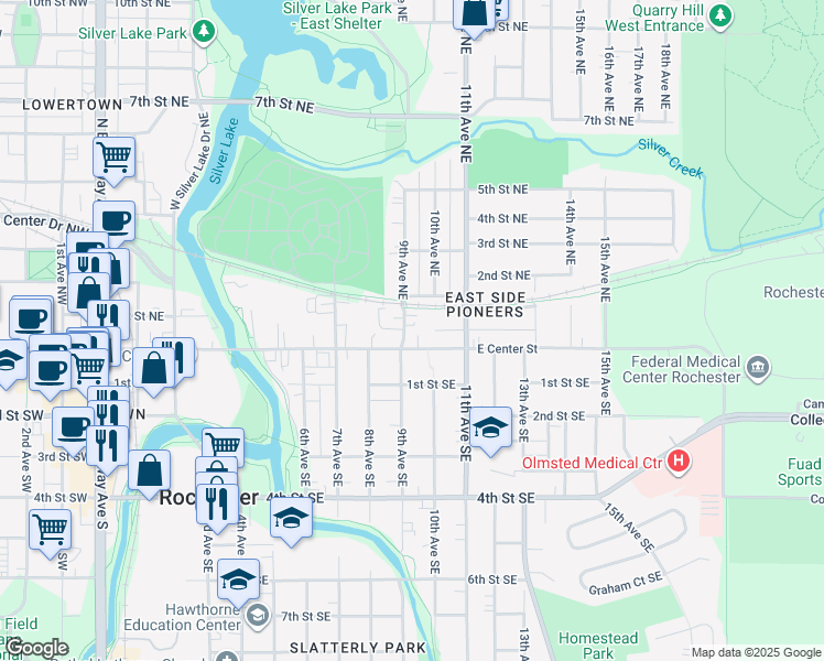 map of restaurants, bars, coffee shops, grocery stores, and more near 16 9th Avenue Northeast in Rochester