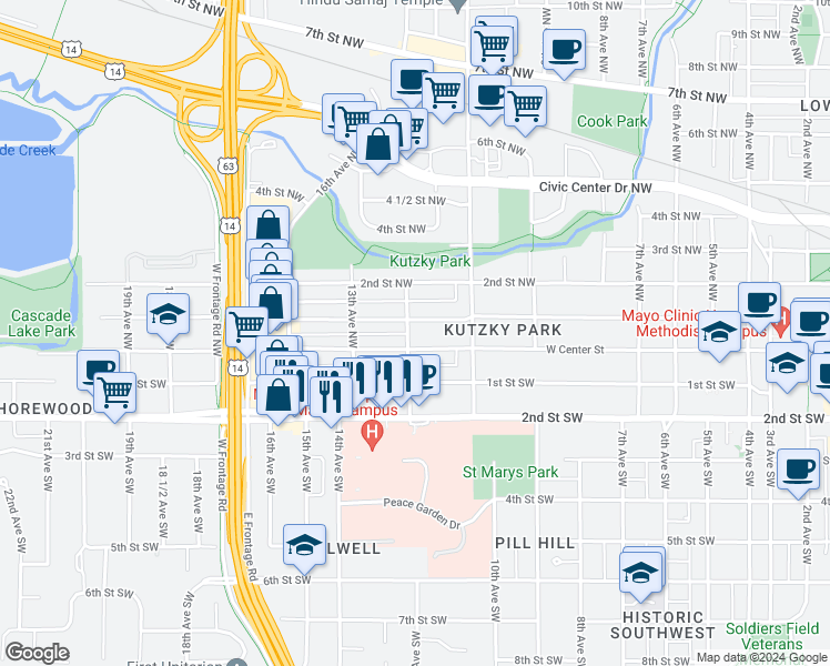 map of restaurants, bars, coffee shops, grocery stores, and more near 1149 West Center Street in Rochester
