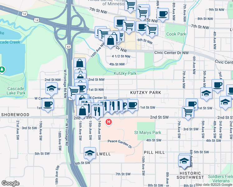 map of restaurants, bars, coffee shops, grocery stores, and more near 1149 West Center Street in Rochester