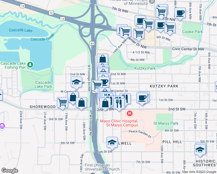 map of restaurants, bars, coffee shops, grocery stores, and more near 1502 West Center Street in Rochester