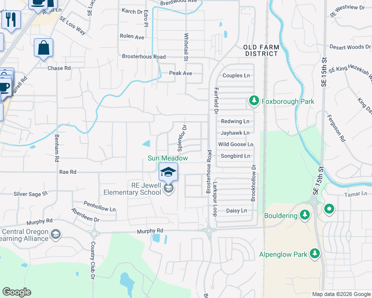 map of restaurants, bars, coffee shops, grocery stores, and more near 61177 Dayspring Drive in Bend