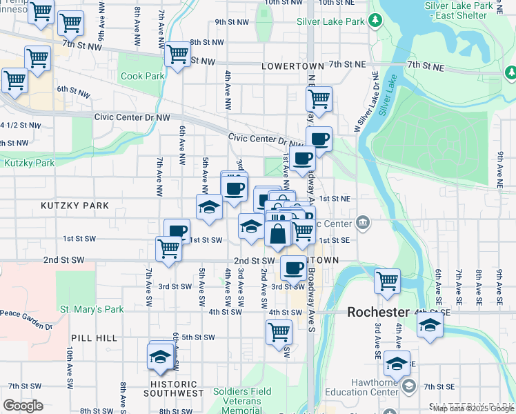 map of restaurants, bars, coffee shops, grocery stores, and more near 201 West Center Street in Rochester