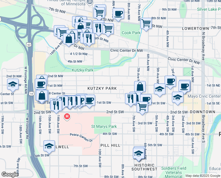 map of restaurants, bars, coffee shops, grocery stores, and more near 16 9th Avenue Northwest in Rochester