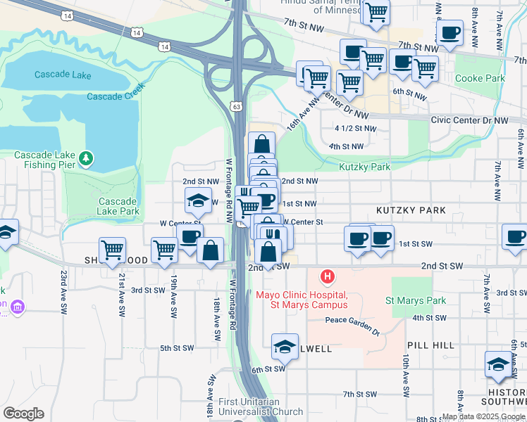 map of restaurants, bars, coffee shops, grocery stores, and more near 1610 West Center Street in Rochester