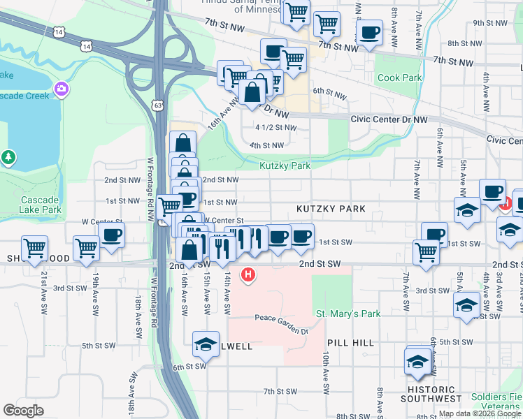 map of restaurants, bars, coffee shops, grocery stores, and more near 1225 West Center Street in Rochester