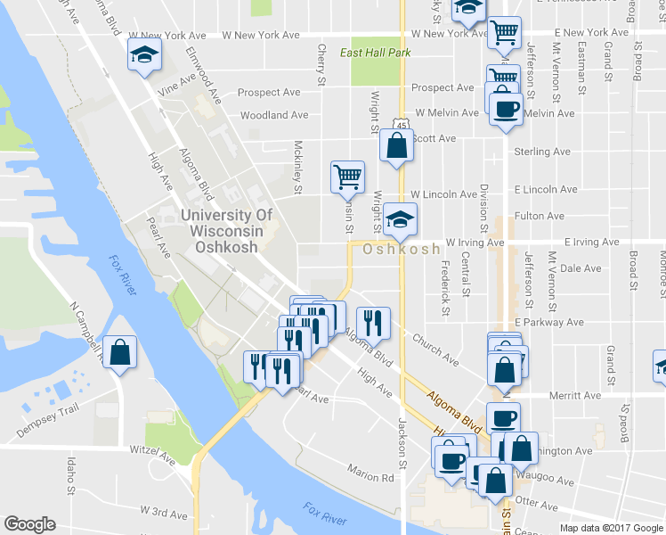 map of restaurants, bars, coffee shops, grocery stores, and more near 633 Amherst Avenue in Oshkosh