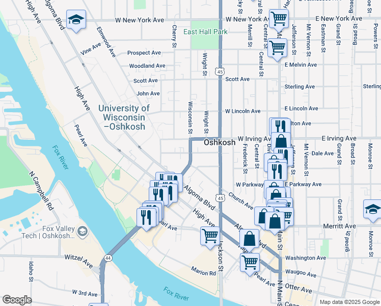 map of restaurants, bars, coffee shops, grocery stores, and more near Amherst Avenue in Oshkosh