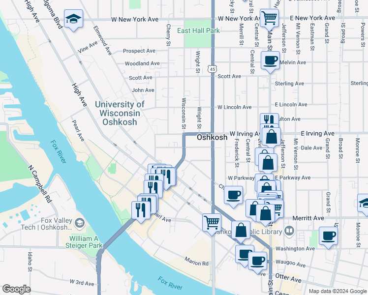 map of restaurants, bars, coffee shops, grocery stores, and more near Amherst Avenue in Oshkosh