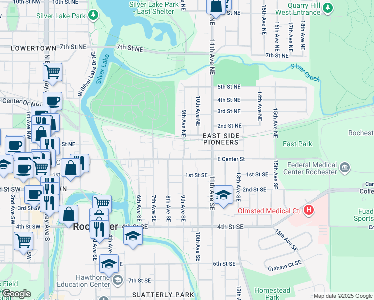 map of restaurants, bars, coffee shops, grocery stores, and more near 16 9th Avenue Northeast in Rochester