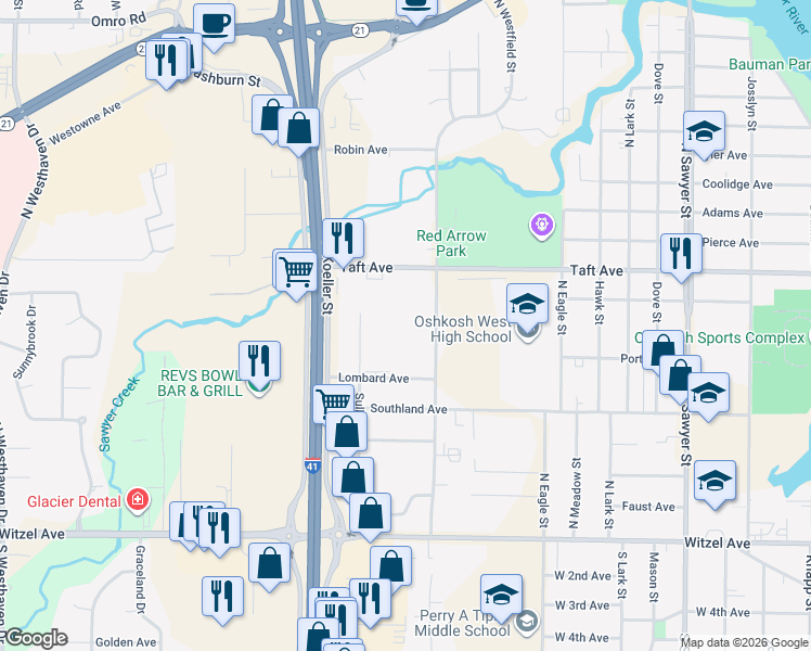 map of restaurants, bars, coffee shops, grocery stores, and more near 1750 Lombard Avenue in Oshkosh