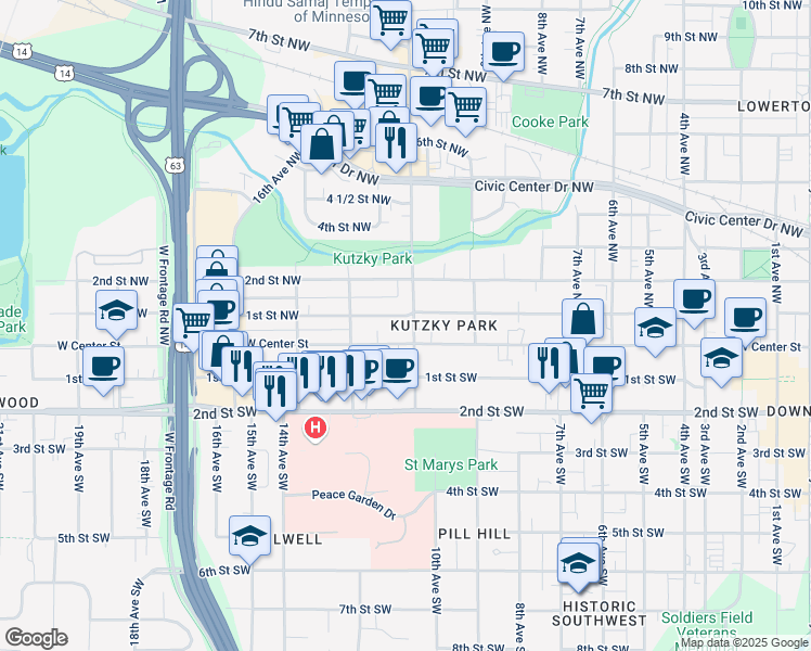 map of restaurants, bars, coffee shops, grocery stores, and more near 15 11th Avenue Northwest in Rochester