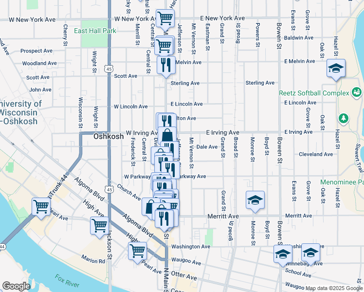 map of restaurants, bars, coffee shops, grocery stores, and more near 648 Jefferson Street in Oshkosh