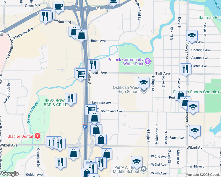 map of restaurants, bars, coffee shops, grocery stores, and more near 1740 Lombard Avenue in Oshkosh