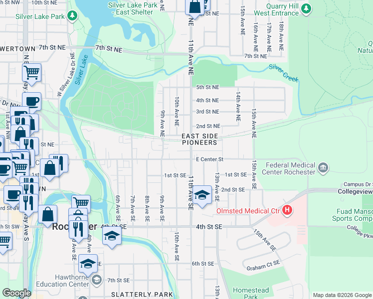 map of restaurants, bars, coffee shops, grocery stores, and more near 1009 East Center Street in Rochester