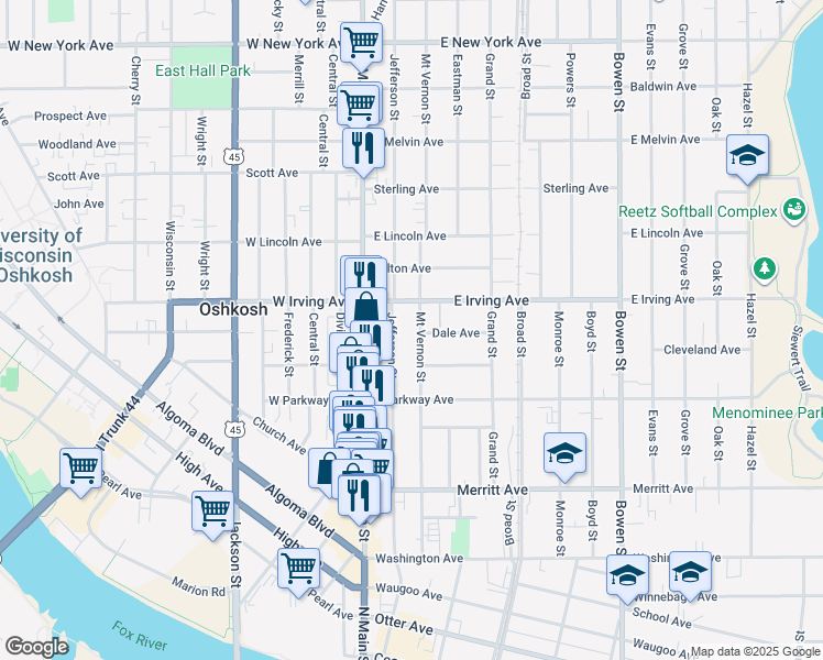 map of restaurants, bars, coffee shops, grocery stores, and more near 648 Jefferson Street in Oshkosh