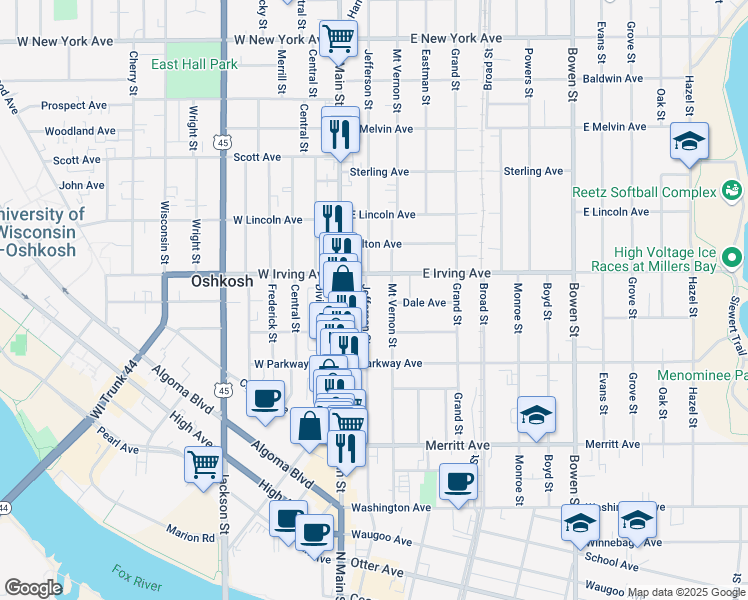 map of restaurants, bars, coffee shops, grocery stores, and more near 648 Jefferson Street in Oshkosh
