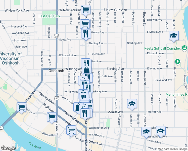 map of restaurants, bars, coffee shops, grocery stores, and more near 648 Jefferson Street in Oshkosh