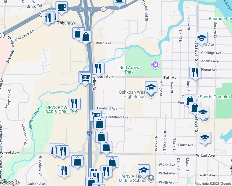 map of restaurants, bars, coffee shops, grocery stores, and more near 1740 Lombard Avenue in Oshkosh