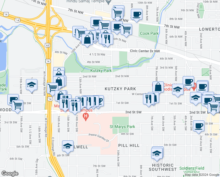 map of restaurants, bars, coffee shops, grocery stores, and more near 1114 West Center Street in Rochester