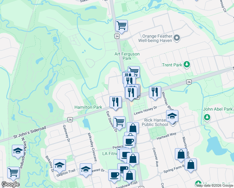 map of restaurants, bars, coffee shops, grocery stores, and more near 101 Downey Circle in Aurora