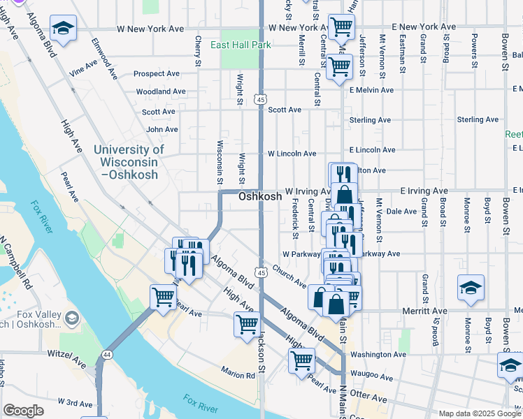 map of restaurants, bars, coffee shops, grocery stores, and more near 630 Jackson Street in Oshkosh