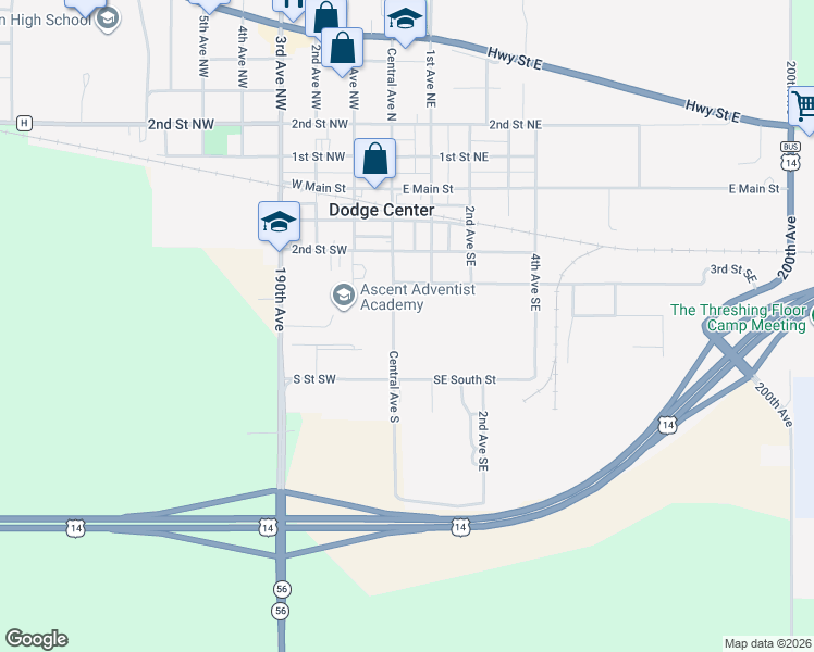 map of restaurants, bars, coffee shops, grocery stores, and more near 502 Central Avenue South in Dodge Center
