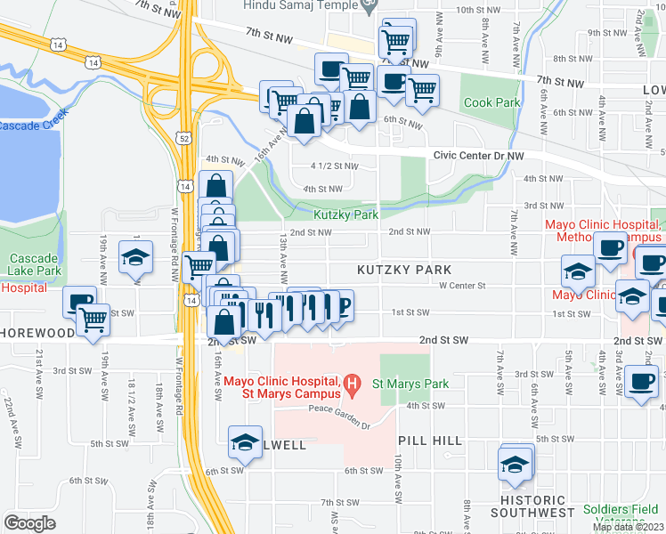 map of restaurants, bars, coffee shops, grocery stores, and more near 18 12th Avenue Northwest in Rochester