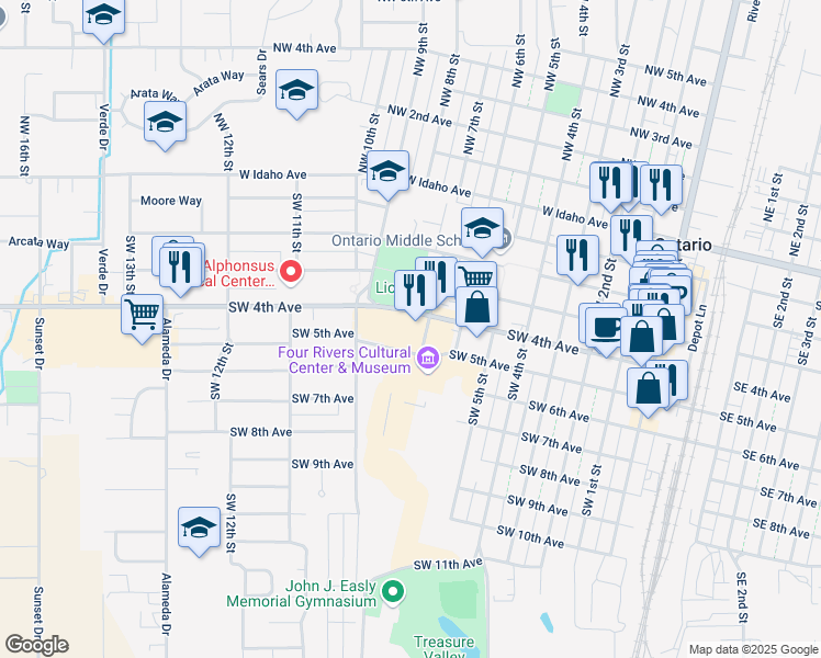 map of restaurants, bars, coffee shops, grocery stores, and more near 430 Southwest 7th Street in Ontario