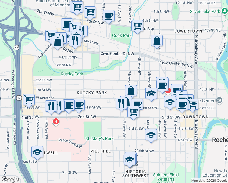 map of restaurants, bars, coffee shops, grocery stores, and more near 835 West Center Street in Rochester