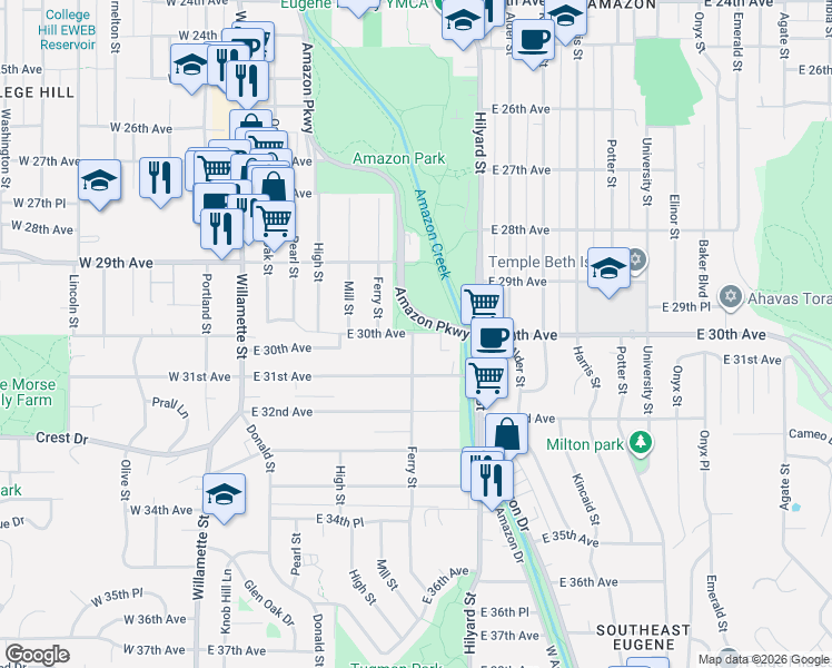 map of restaurants, bars, coffee shops, grocery stores, and more near 3065 Ferry Street in Eugene