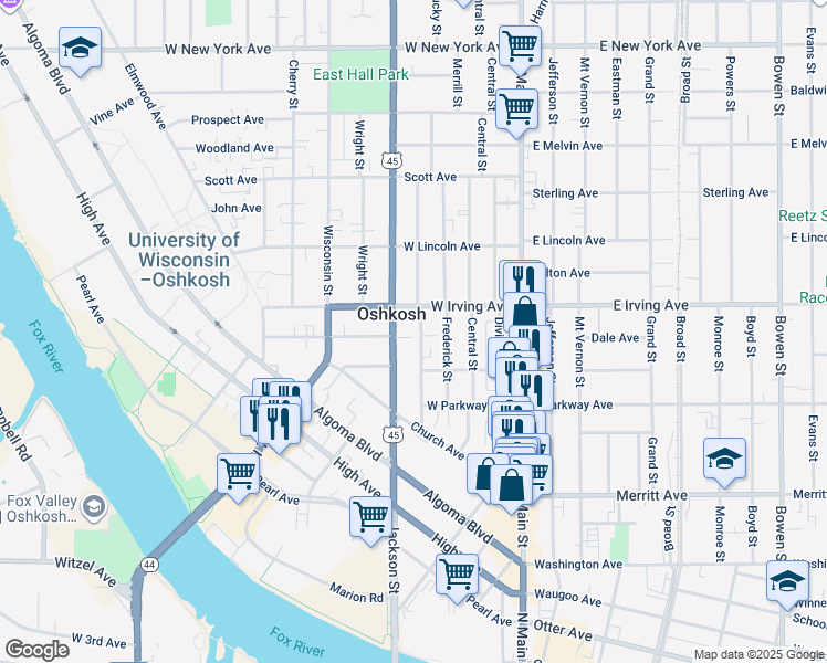 map of restaurants, bars, coffee shops, grocery stores, and more near 608 Jackson Street in Oshkosh