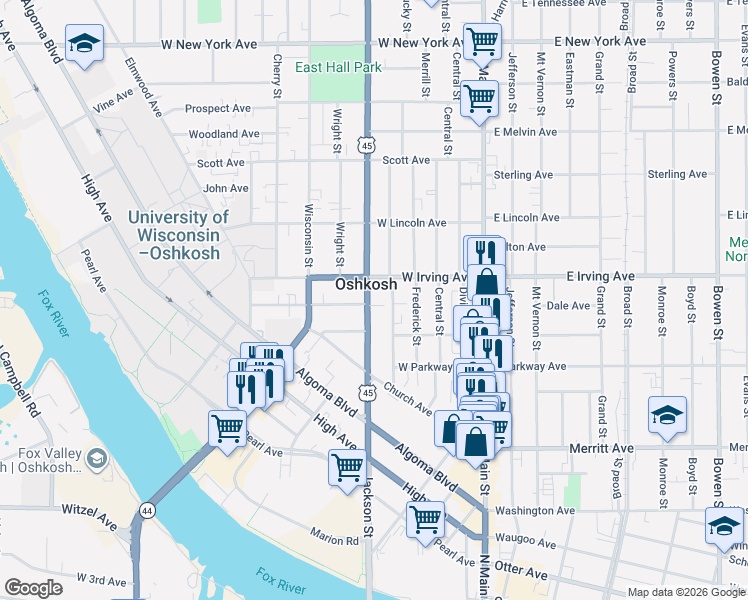 map of restaurants, bars, coffee shops, grocery stores, and more near 608 Jackson Street in Oshkosh