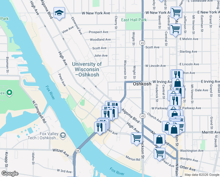 map of restaurants, bars, coffee shops, grocery stores, and more near 736 Algoma Boulevard in Oshkosh