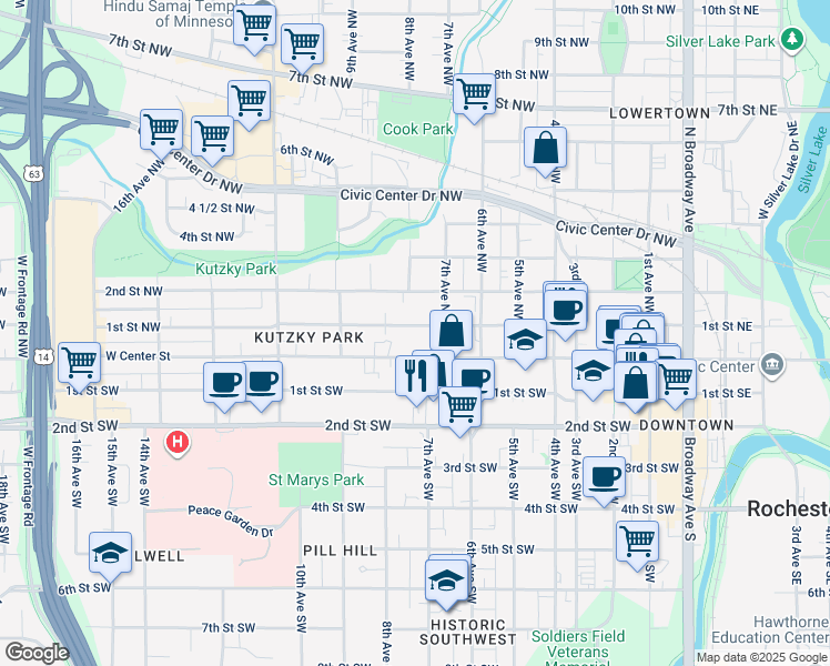 map of restaurants, bars, coffee shops, grocery stores, and more near 725 West Center Street in Rochester