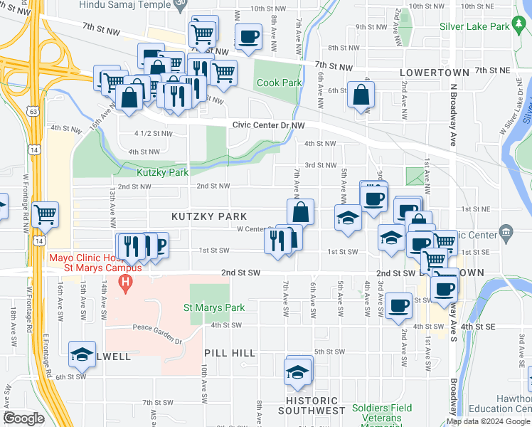 map of restaurants, bars, coffee shops, grocery stores, and more near 835 West Center Street in Rochester