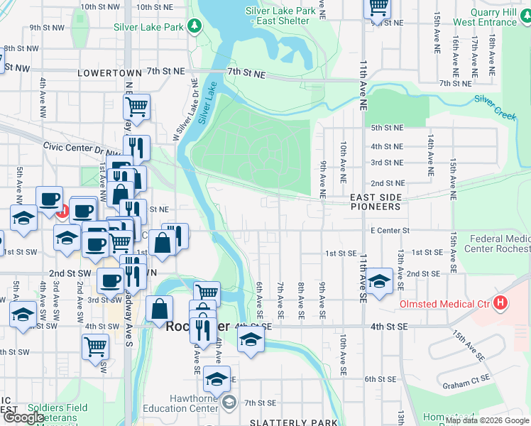 map of restaurants, bars, coffee shops, grocery stores, and more near 607 East Center Street in Rochester