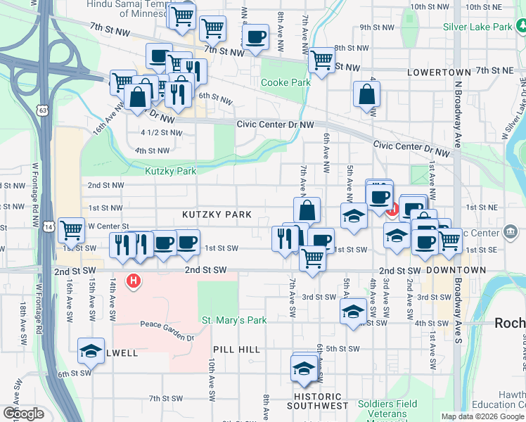map of restaurants, bars, coffee shops, grocery stores, and more near 835 West Center Street in Rochester