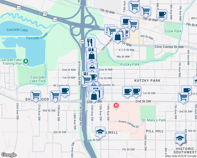 map of restaurants, bars, coffee shops, grocery stores, and more near 1344 2nd Street Southwest in Rochester