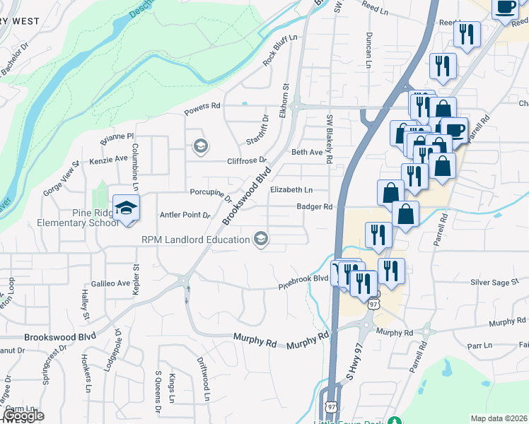 map of restaurants, bars, coffee shops, grocery stores, and more near 20013 Elizabeth Lane in Bend