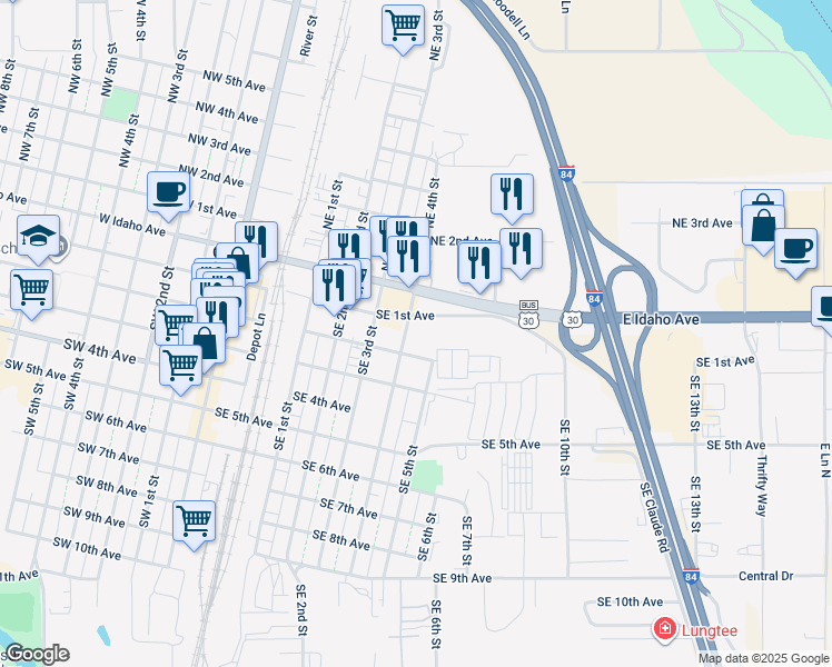 map of restaurants, bars, coffee shops, grocery stores, and more near 188 SE 4th St in Ontario